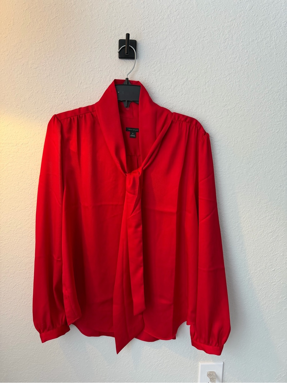 Ann Taylor Red Tie-Neck Long Sleeve Blouse